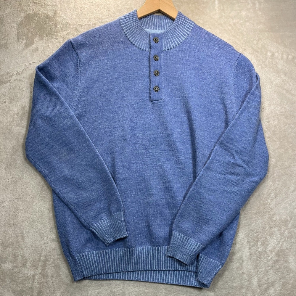 Johnnie O Men's Merino Wool Knit Henley Sweater Blue Sz M Button Up Long Sleeve
